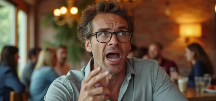 Shameless Behavior Is an Attempt to Rid Ourselves of Shame A man with curly brown hair and glasses talking loudly in a restaurant illustrates shameless behavior