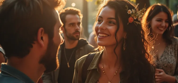 How to Appear Charismatic: 24 Verbal & Nonverbal Cues A smiling woman with long, dark curly hair with a floral dress and flowers in her hair illustrates how to appear charismatic