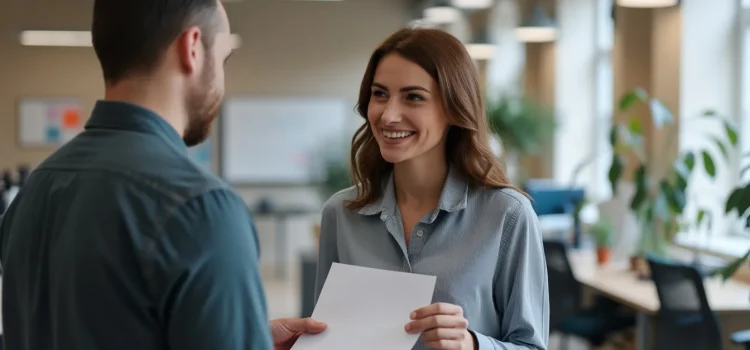 How to Be Valuable at Work: 3 Ways to Identify & Meet Needs A man handing a piece of paper to a woman in an office illustrates how to be valuable at work