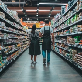 An employee using great customer service tips by walking with a customer through an aisle of a grocery store
