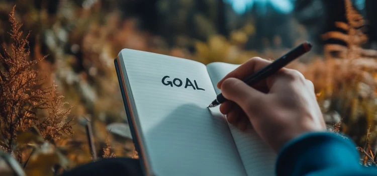 How to Define Your Goals: Arnold Schwarzenegger’s Steps A person demonstrating how to define your goals by writing in a notebook with the word "GOAL" on the page