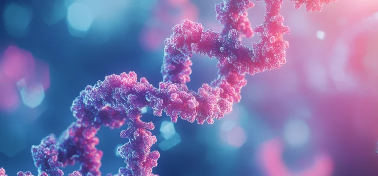 How to Increase Telomerase Levels With a Healthy Lifestyle A purple and pink DNA strand, representing how to increase telomerase