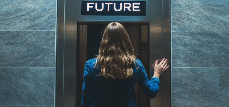 How to Envision Your Future With Goals and a Plan A woman who knows how to envision her future, stepping in front of an elevator with a sign that says "FUTURE"
