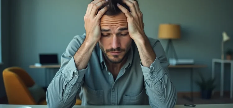 Being an Entrepreneur Is Hard: Slogging Through the Middle Years An exhausted man sitting at a desk in an office with his head in his hands illustrates that being an entrepreneur is hard