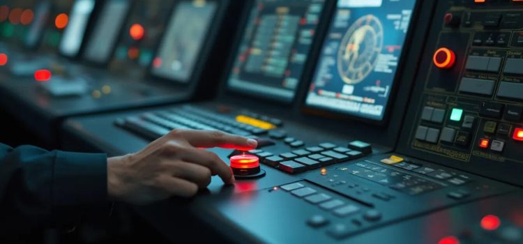 The Threat of Nuclear War Has Us on the Precipice (Toby Ord) A man's finger about to push a red button in a sophisticated command center illustrates the threat of nuclear war