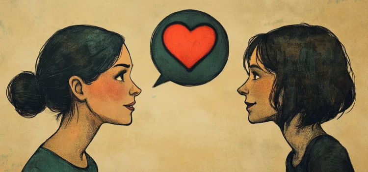 How to Stop Thinking Negatively About Others: Love Radically A woman with a heart bubble above her, talking to another woman and has stopped thinking negatively about others