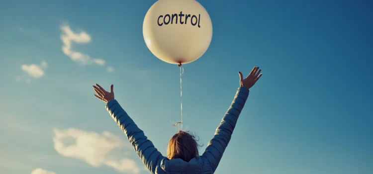 Accepting What You Can’t Change Will Make You Happier A woman outside letting go of a balloon that has the word "control" written on it, signifying accepting what you can't change
