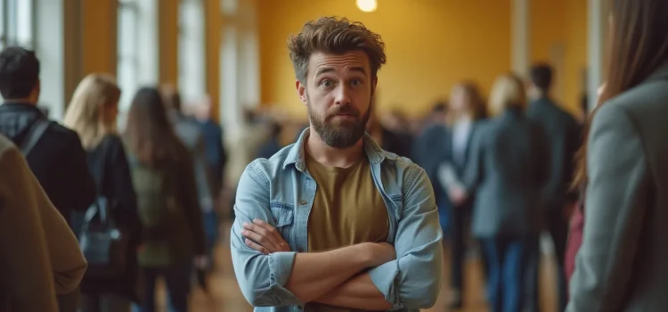 How to Resist the Pressure to Conform: 3 Ways to Be Yourself A man in a denim shirt facing the camera when everyone else is going the other direction illustrates the pressure to conform