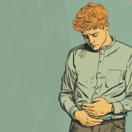 A cartoon of a man looking down at his hands over his stomach, he is following his gut instinct