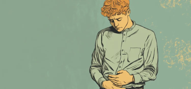 The Psychology Behind Following Your Gut Instinct A cartoon of a man looking down at his hands over his stomach, he is following his gut instinct