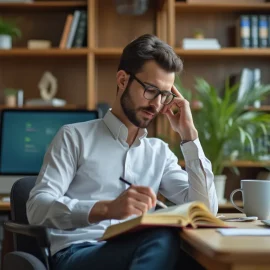 A man with dark hair, a beard, and glasses reading a book at a desk in an office