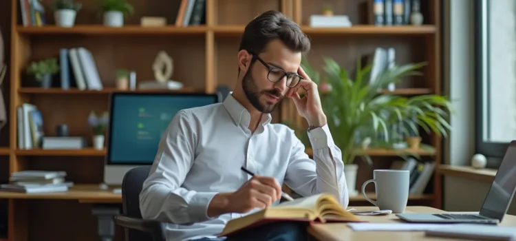 The Lean Product Playbook by Dan Olsen: Book Overview A man with dark hair, a beard, and glasses reading a book at a desk in an office