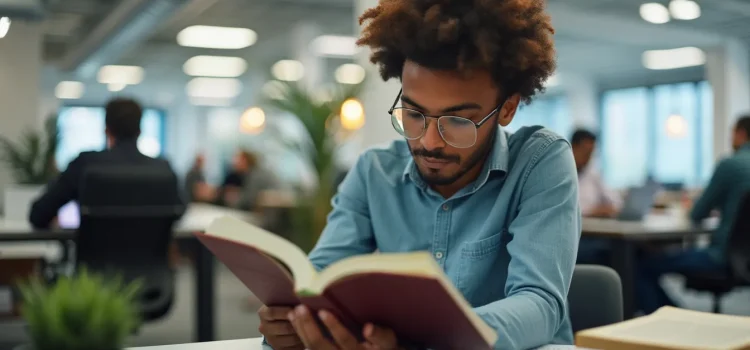 Slow Productivity: Cal Newport on the Lost Art of Accomplishment A man with curly black hair and glasses reading a book in an open office while coworkers are busy working in the background