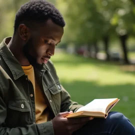 A man sitting on a park bench and reading a book