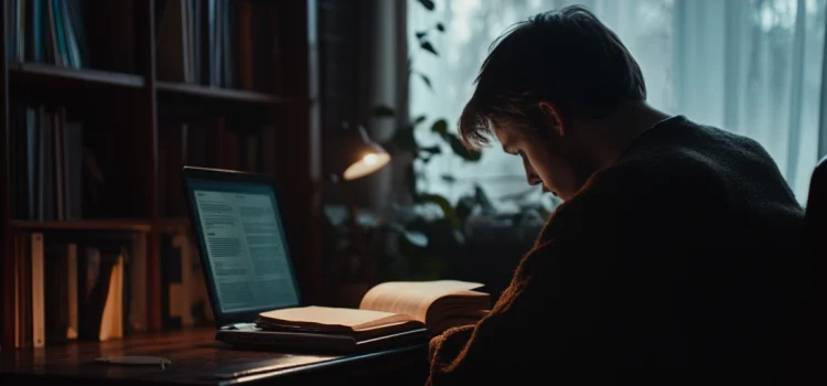 Irresistible by Adam Alter: Book Overview and Takeaways A man reading a book on his desk with his laptop open