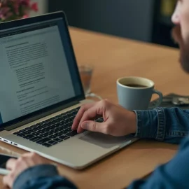 A bearded man engaged in internet reading on a laptop at a desk with a mobile phone and a cup of coffee