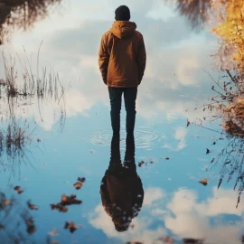 A man standing in a pond in the forest with his reflection in the water. He is reaping the benefits of slowing down