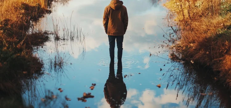 The 4 Benefits of Slowing Down: What You’ll Begin to See A man standing in a pond in the forest with his reflection in the water. He is reaping the benefits of slowing down