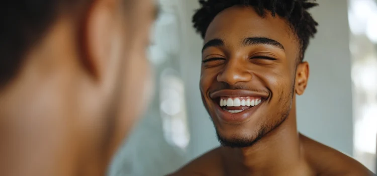 How to Live Authentically: 3 Tips for Finding the Courage A young man who is looking at his reflection in the mirror and smiling because he is living authentically