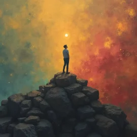 A drawing of a man standing on a rock pile and looking up at the sky illustrates the question What do you want out of life?