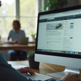 A man looking at a website on a desktop computer illustrates the importance of using a standard web page layout