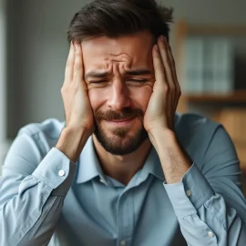 A man wincing and holding his head between his hands illustrates common mistakes entrepreneurs make