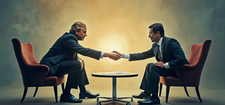How to Negotiate in Business: Tips for Gaining the Upper Hand Two men in suits sitting in orange chairs and shaking hands across a small table illustrate how to negotiate in business