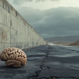 A brain hitting a mental roadblock from a wall in the road