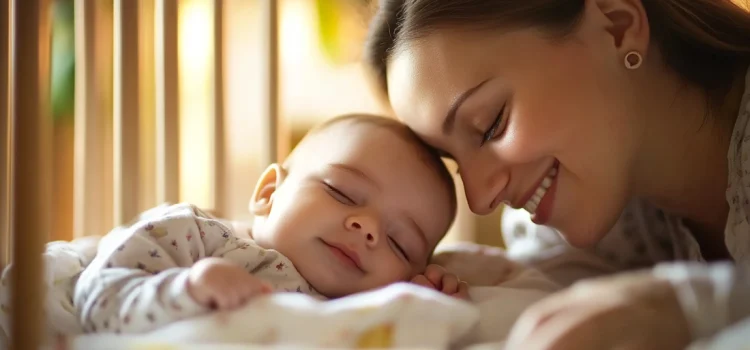 The Best Newborn Sleep Schedule: For Babies 0-3 Years Old A mother and her newborn baby touching foreheads in a crib, thanks to the best newborn sleep schedule