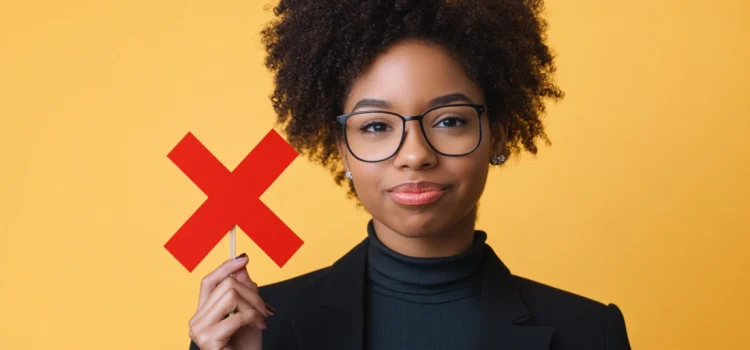 How to Use Negative Reinforcement on Your Employees A woman who knows how to use negative reinforcement by hold a red X with a neutral look on her face