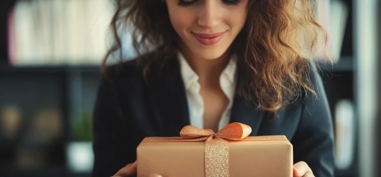 How Innovation Comes From Good and Bad Surprises in Business A woman in a suit waiting for good and bad surprises by holding an unopened present