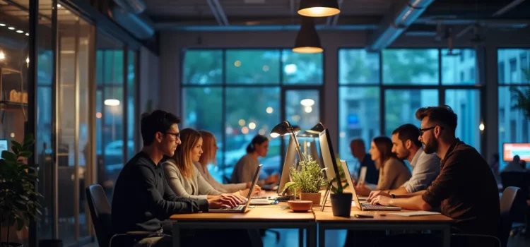 The Live-to-Work Mentality: 3 Myths of Grind Culture Coworkers with a live-to-work mentality working at computers in an open workspace in the evening