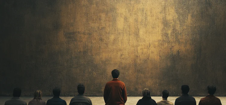 Why There Is No Such Thing as Normal or Abnormal (Maté) A group of people sit on the floor, one person is separated from the rest, accentuating that there is no such thing as normal.