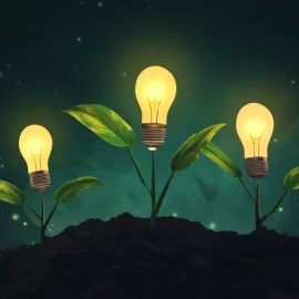 Three plants in the dark growing lightbulbs, representing how to encourage innovation in the workplace