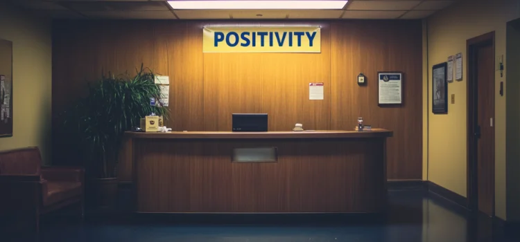 How to Create a Positive Working Environment (3 Strategies) A positivity banner above the front desk of an office building, illustrating how to build a positive working environment