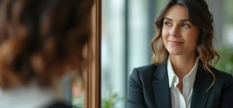 Self-Awareness in Entrepreneurship: The Benefits of Being Realistic A professional woman with brown curly hair looking at herself in the mirror illustrates self-awareness in entrepreneurship