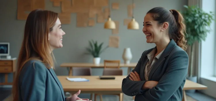 How to Support Colleagues at Work: 3 Ways to Make Work Better Two professional women smiling and chatting in an open workspace illustrates how to support colleagues at work