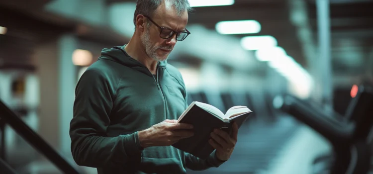 Energize by Simon Alexander Ong: Book Overview A man wearing glasses reading a book while walking on a treadmill at the gym