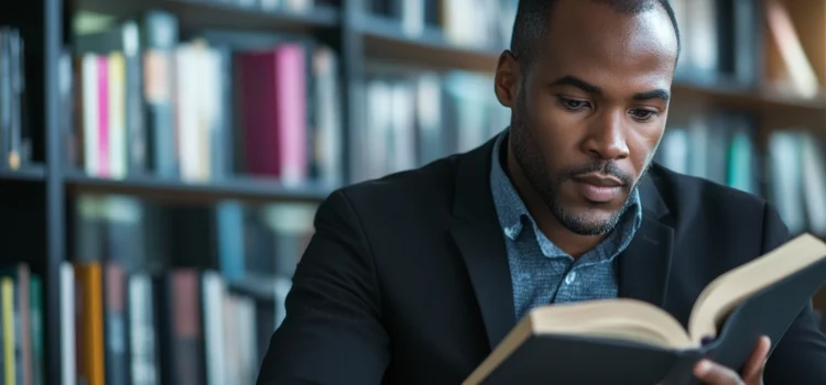Excellence Wins by Horst Schulze: Book Overview & Takeaways A man in a suit reading a book in front of a bookshelf