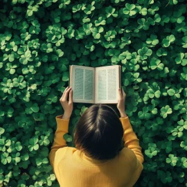 A girl wearing a yellow shirt reading a book while lying in a field of lucky four-leaf clovers