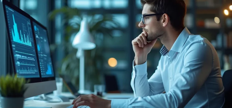 Meditation Research: Foundations, Mistakes, & Myths A man in a white button-up shirt sitting at a desk thoughtfully looking at meditation research data on a computer screen