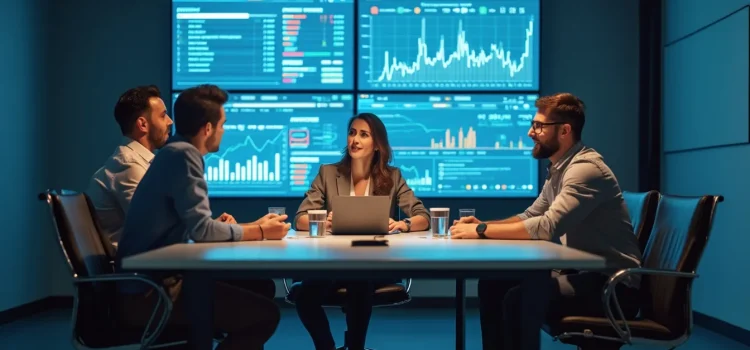 How to Validate a Product Idea: 2 Methods From Dan Olsen A sales team of four people evaluating data on a screen in a conference room illustrates how to validate a product idea
