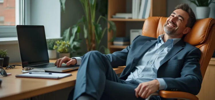 How to Handle Success With Grace & Good Sense (Scott Belsky) A business professional at his desk who is leaning back in his chair and smiling illustrates how to handle success