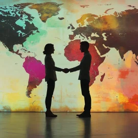 A man and a woman shaking hands in front of a world map, representing the importance of trade in society