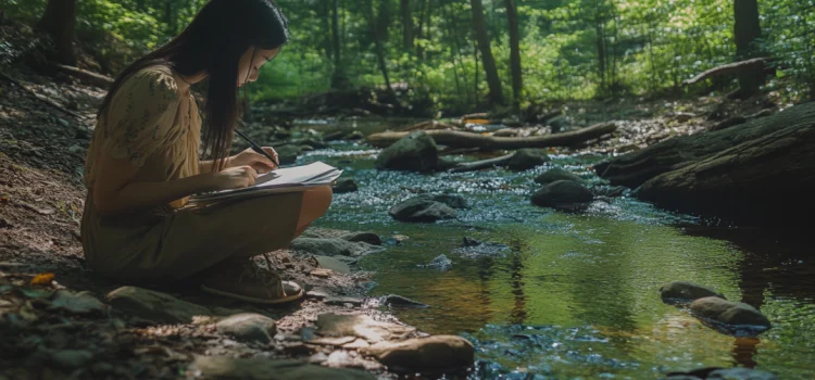 Where to Find Inspiration for Your Creativity: 3 Places A girl sketching in a notebook while crouching next to a stream in a forest, a great source of creative inspiration