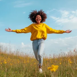 A woman getting the most out of life by skipping in a field