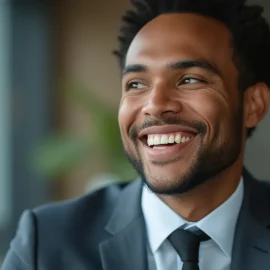 A smiling man in a suit and tie illustrates personal growth in business