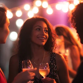 Three people fulfilling human social needs while socializing at an event with drinks in their hands