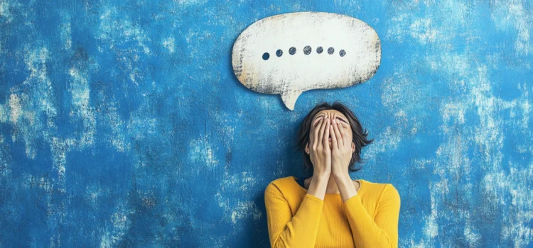 Can Stress Cause Speech Problems: 4 Signs That It Does A woman who is stressed out has a speech bubble with only dots, representing how stress can cause a speech problem