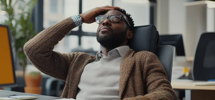 What Are the Symptoms of ADHD in Adults? The 3 Big Ones A stressed and tired employee, feeling the symptoms of adhd in adults at work